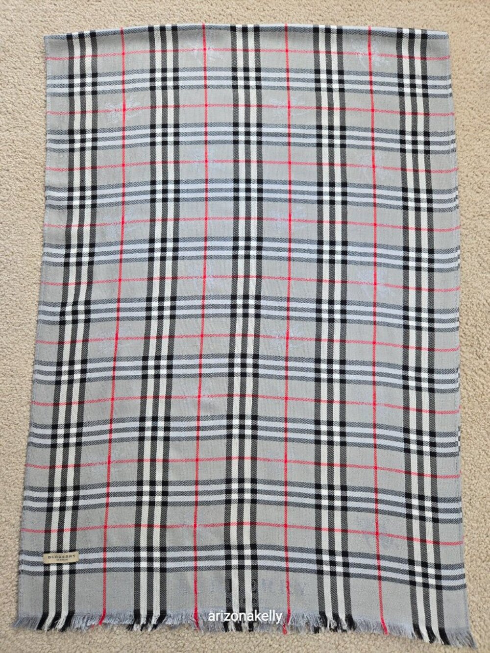 Burberry Grey Nova Check Plaid Scarf With Jacquard Branding & Equestrian Knight - Picture 11 of 13